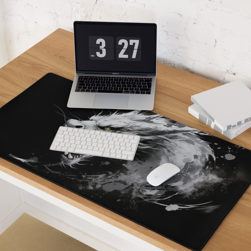 Minimalist White Dragon on Black Ink Painting Extended XL Gaming Mouse Pad