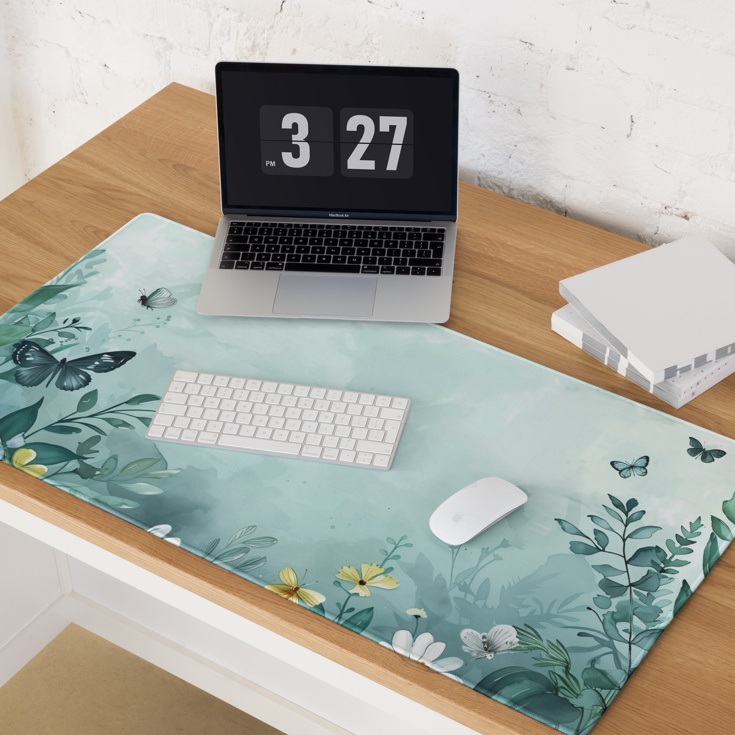 Aqua Blue Floral Butterfly Misty Extended XL Gaming Mouse Pad