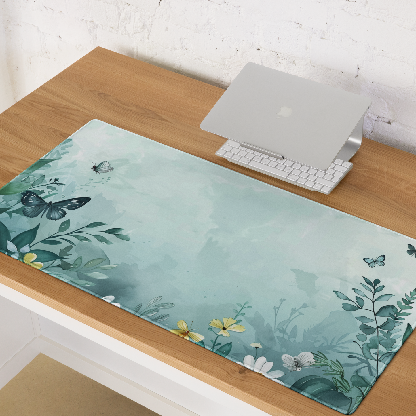 Aqua Blue Floral Butterfly Misty Extended XL Gaming Mouse Pad