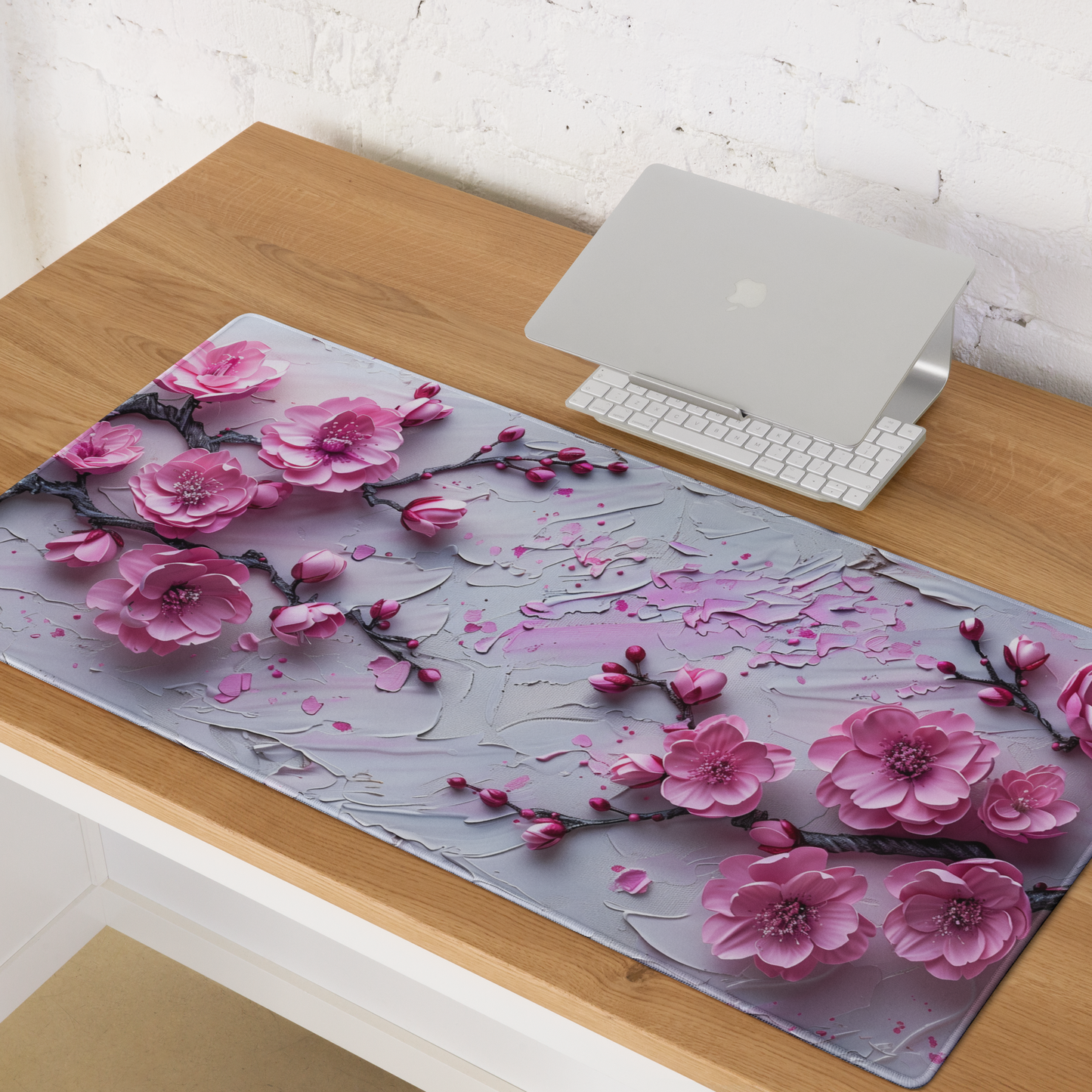 Impasto Style Cherry Blossoms White Pink Extended XL Gaming Mouse Pad