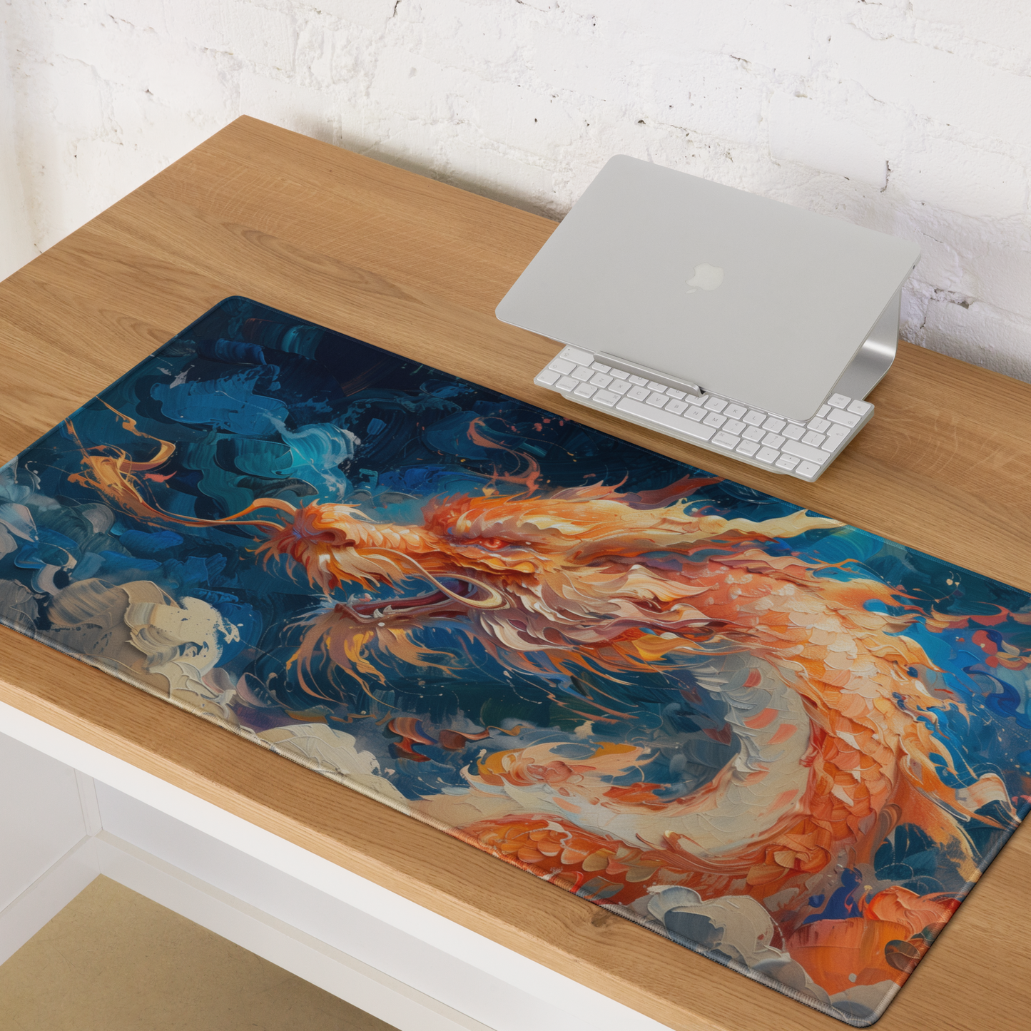 Fire Orange Dragon White Blue Extended XL Gaming Mouse Pad