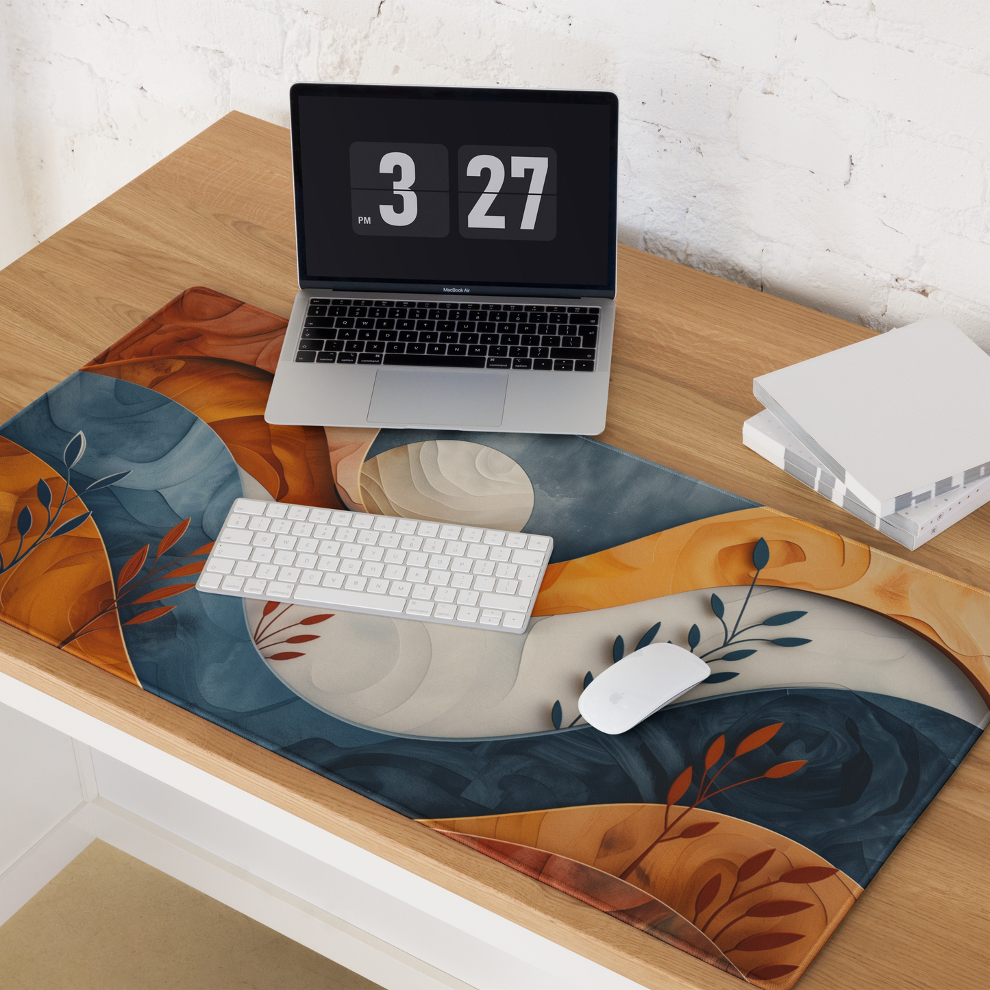 Boho Abstract Wood Landscape Desk Mat, Mountain Ocean and Moon Extended XL Gaming Mouse Pad