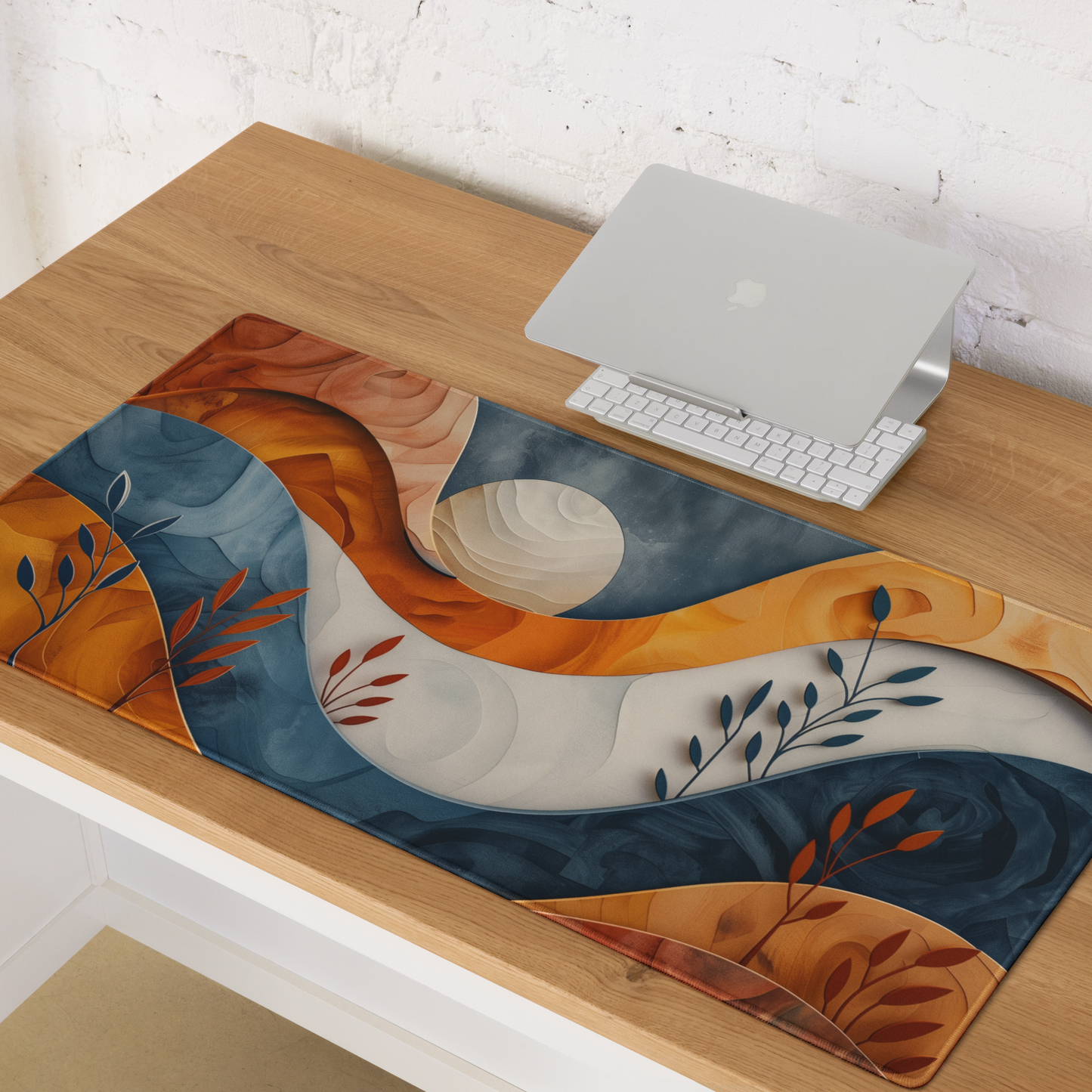 Boho Abstract Wood Landscape Desk Mat, Mountain Ocean and Moon Extended XL Gaming Mouse Pad