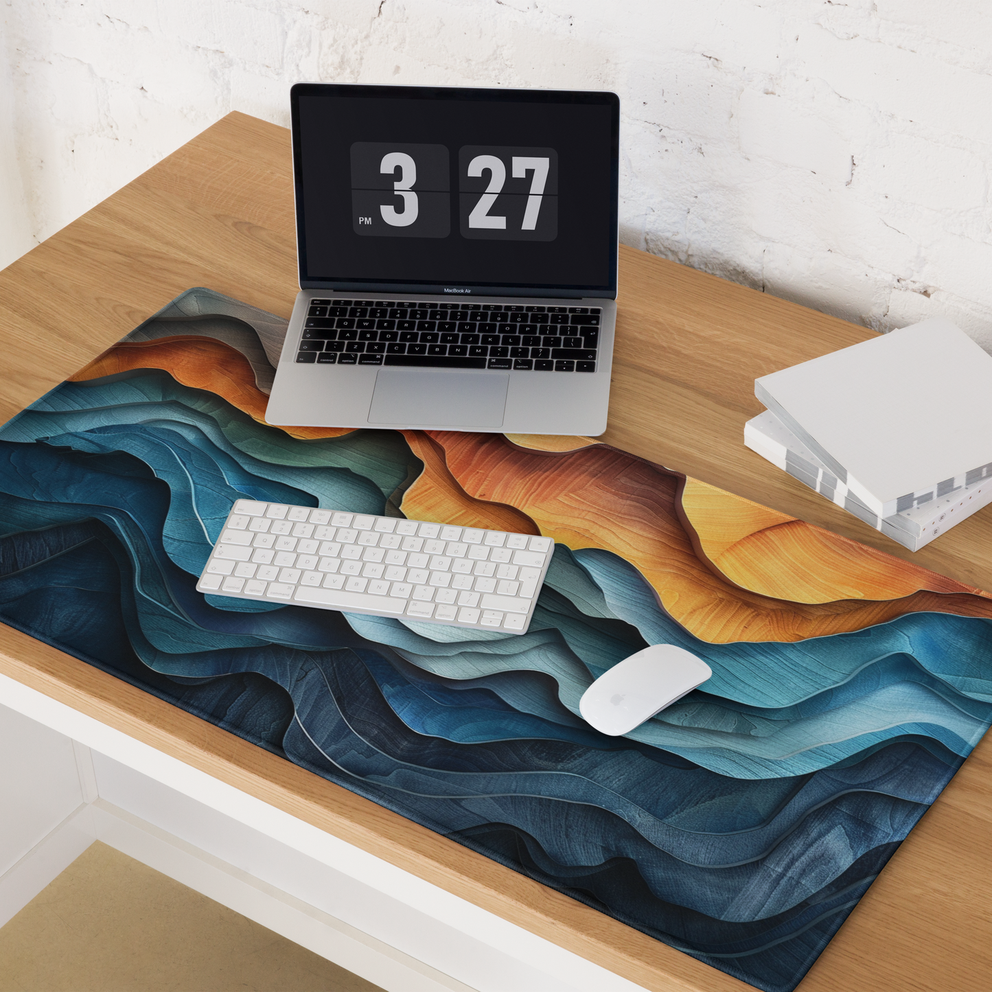 Boho Abstract Wood Landscape Desk Mat, Mountain Ocean and Steps Extended XL Gaming Mouse Pad