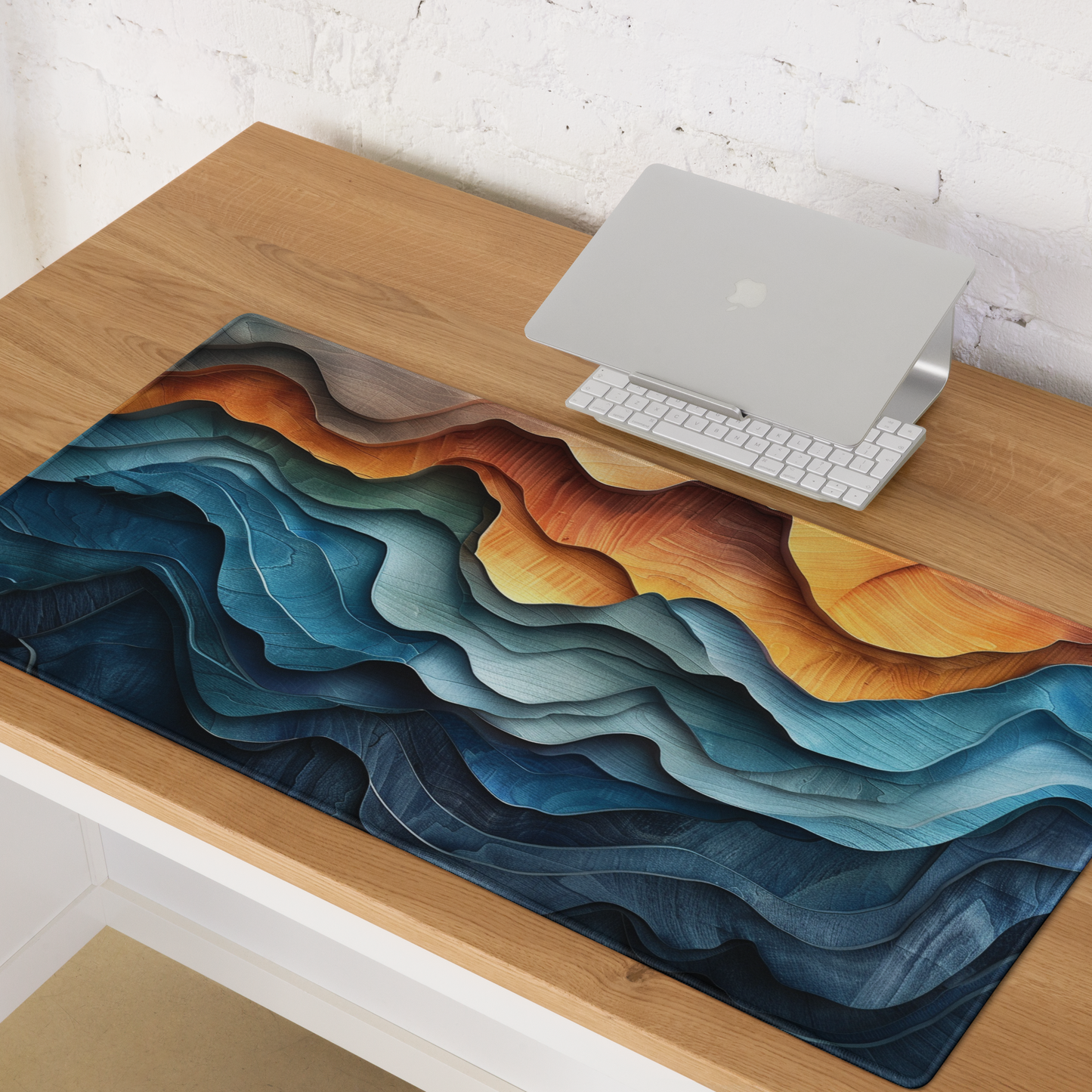 Boho Abstract Wood Landscape Desk Mat, Mountain Ocean and Steps Extended XL Gaming Mouse Pad