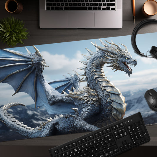 Mystical Silver Dragon Blue & White Extended XL Gaming Mouse Pad