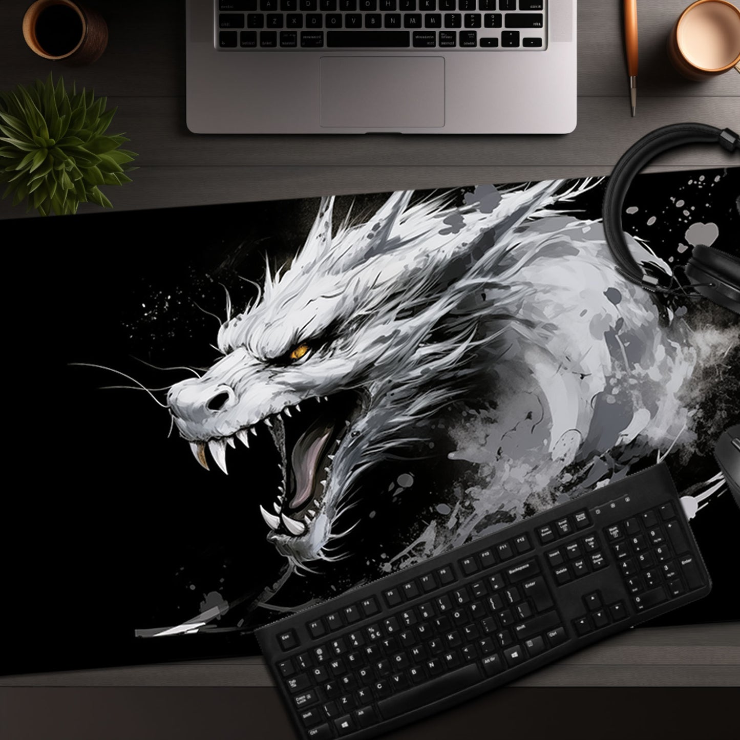 Minimalist White Dragon on Black Ink Painting Extended XL Gaming Mouse Pad