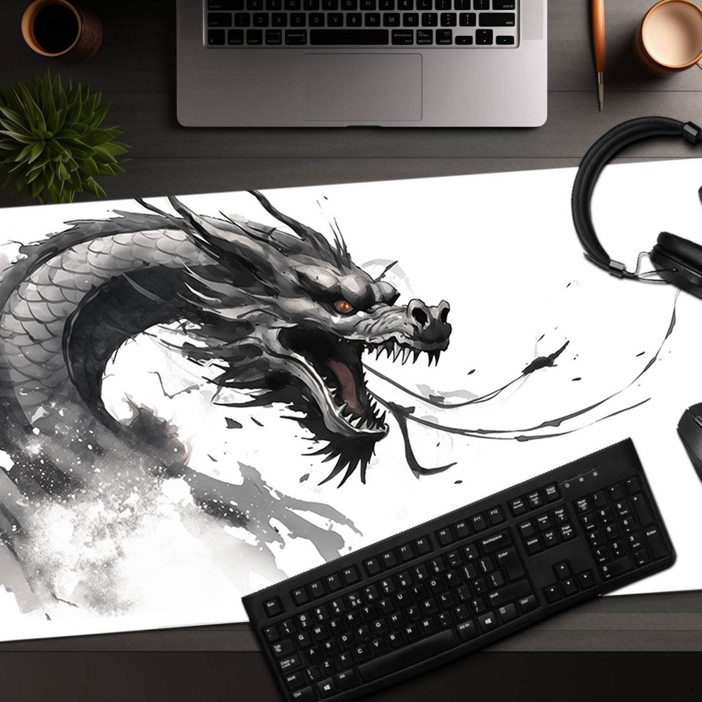 Japanese Ink Black Dragon White Minimalist Extended XL Gaming Mouse Pad