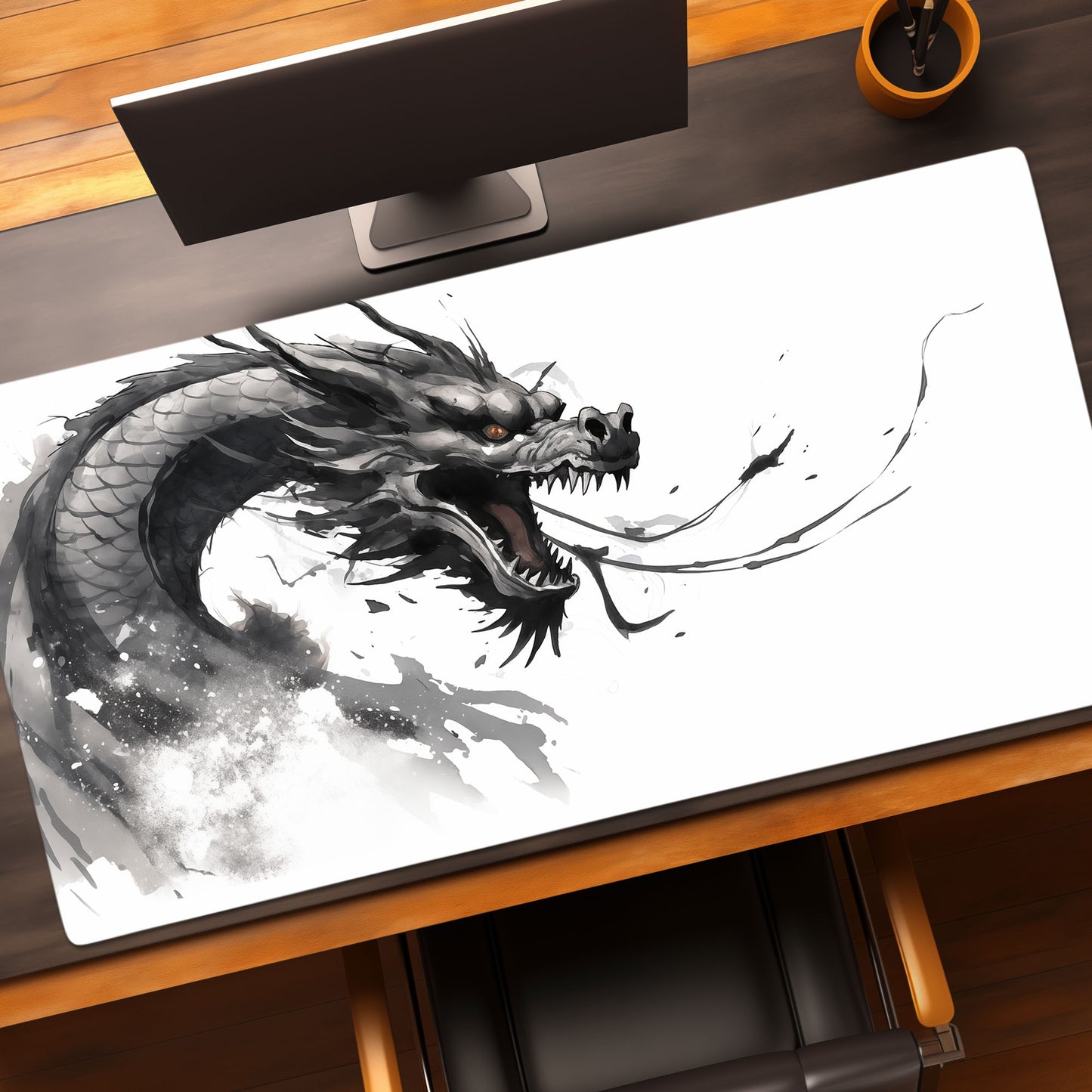 Japanese Ink Black Dragon White Minimalist Extended XL Gaming Mouse Pad