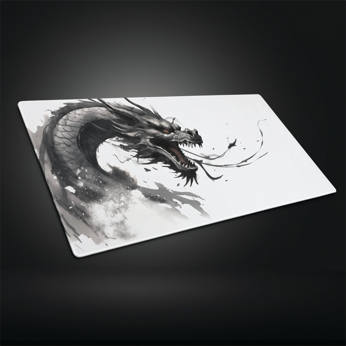 Japanese Ink Black Dragon White Minimalist Extended XL Gaming Mouse Pad