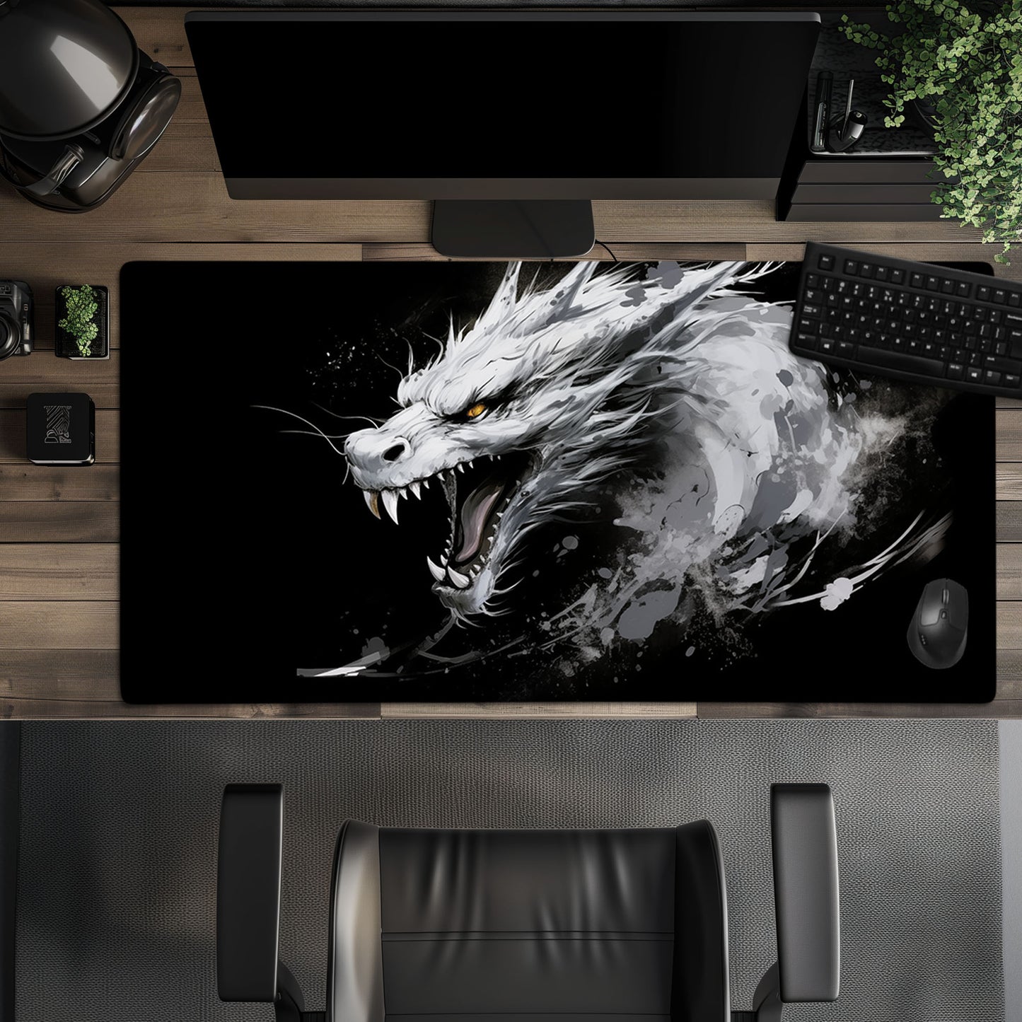 Minimalist White Dragon on Black Ink Painting Extended XL Gaming Mouse Pad