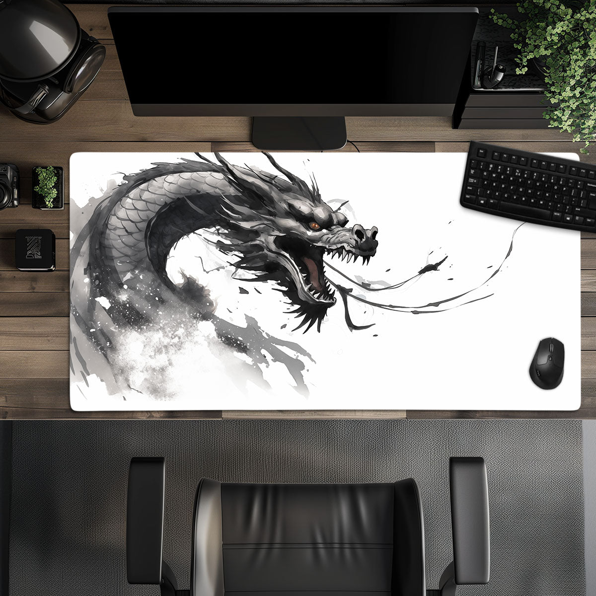 Japanese Ink Black Dragon White Minimalist Extended XL Gaming Mouse Pad