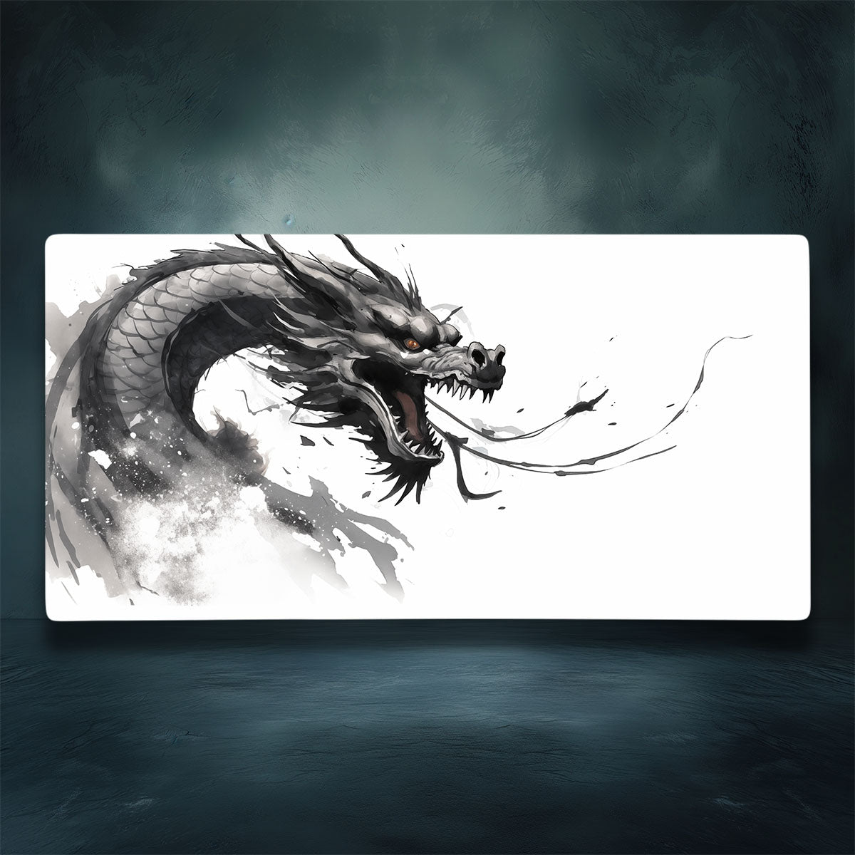 Japanese Ink Black Dragon White Minimalist Extended XL Gaming Mouse Pad