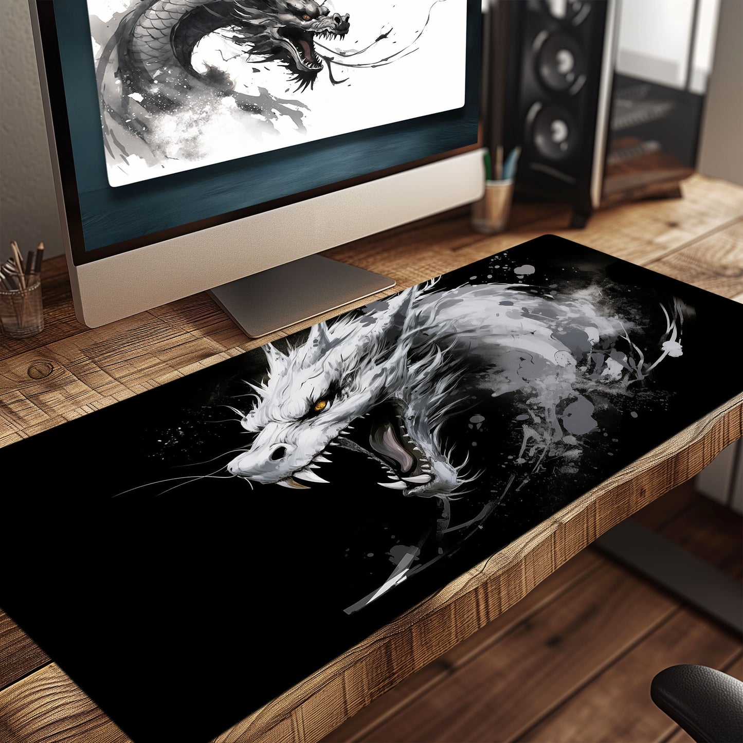 Minimalist White Dragon on Black Ink Painting Extended XL Gaming Mouse Pad