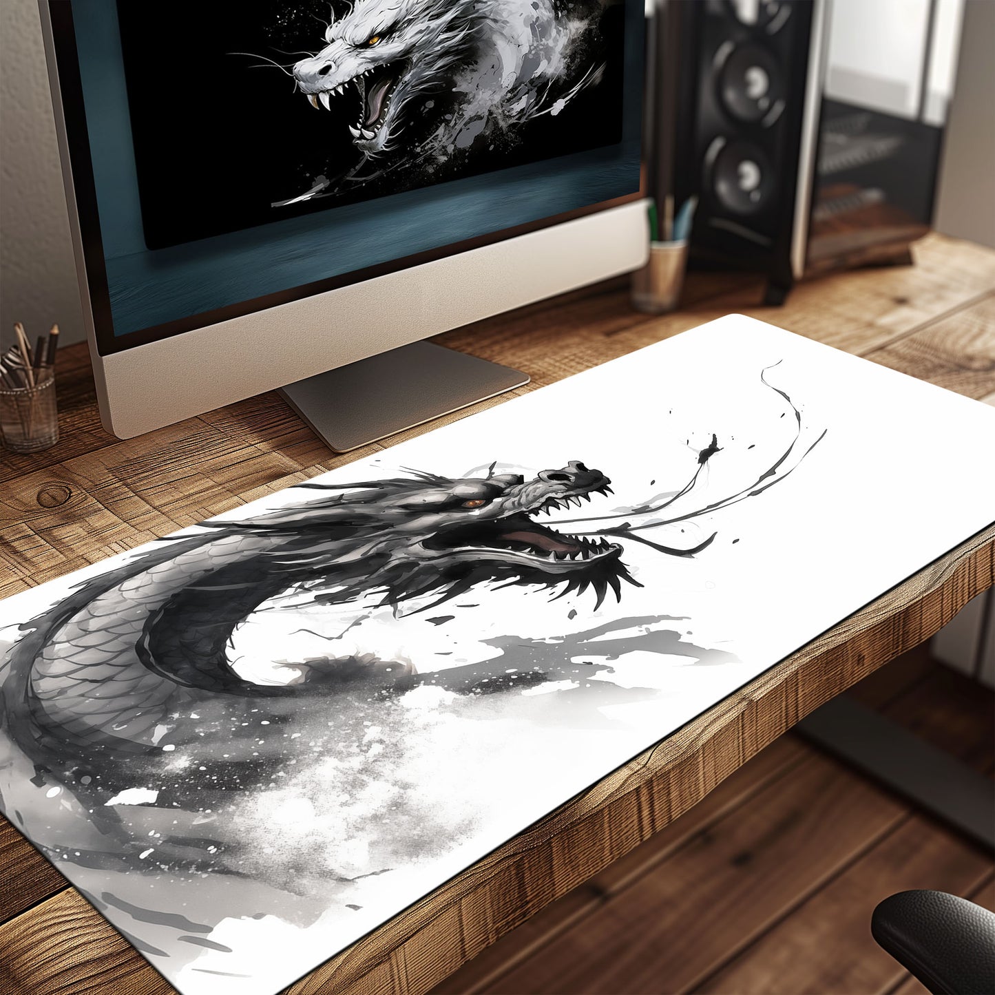 Japanese Ink Black Dragon White Minimalist Extended XL Gaming Mouse Pad