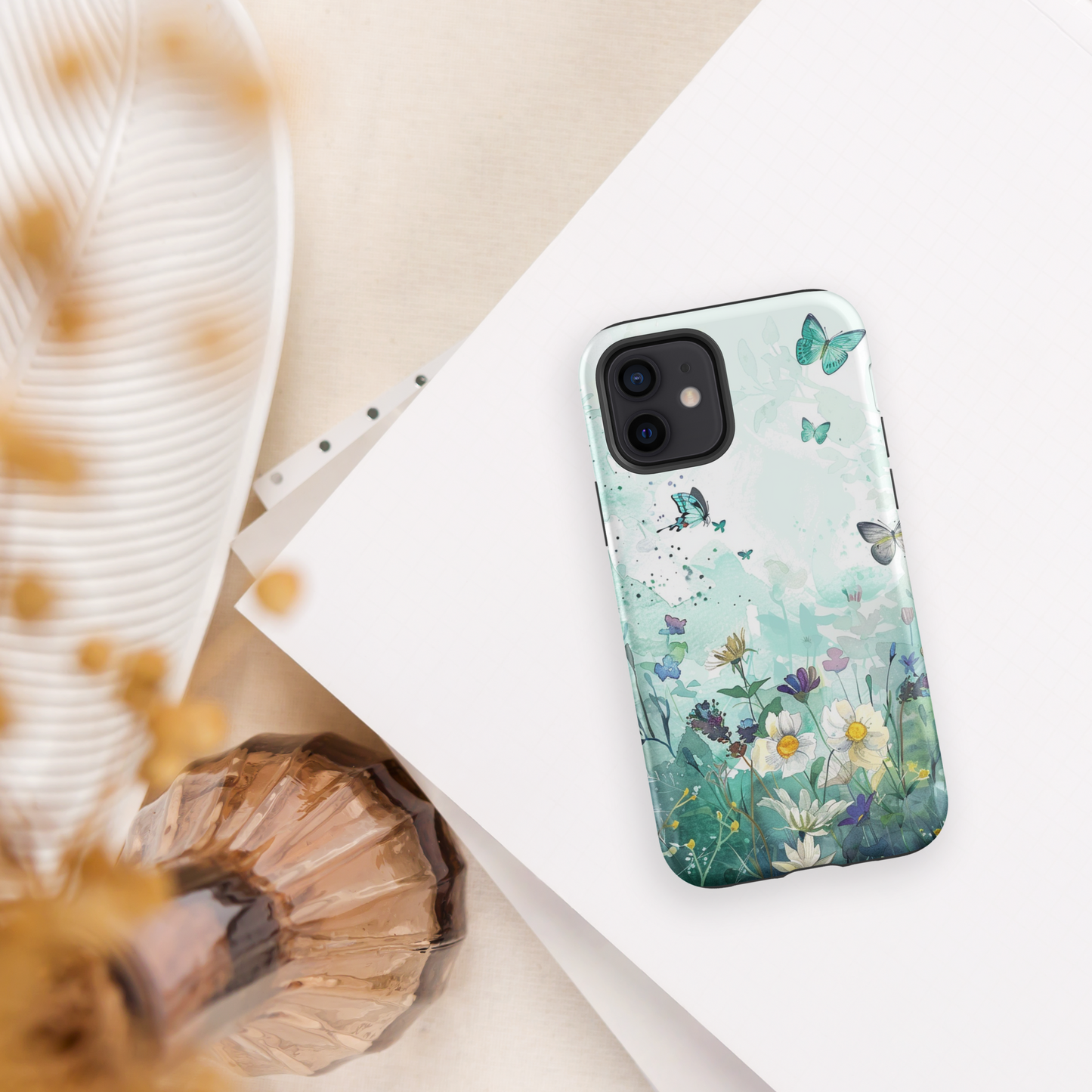 Blue Watercolor Wildflower Butterfly Tough Case For iPhone