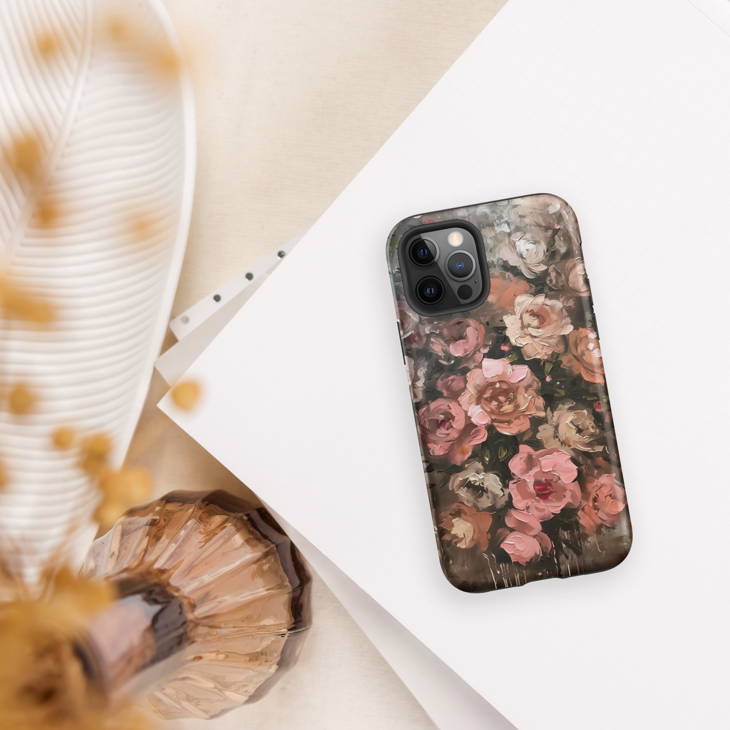 Brown and Pink Roses Cottage Core Tough Case For iPhone